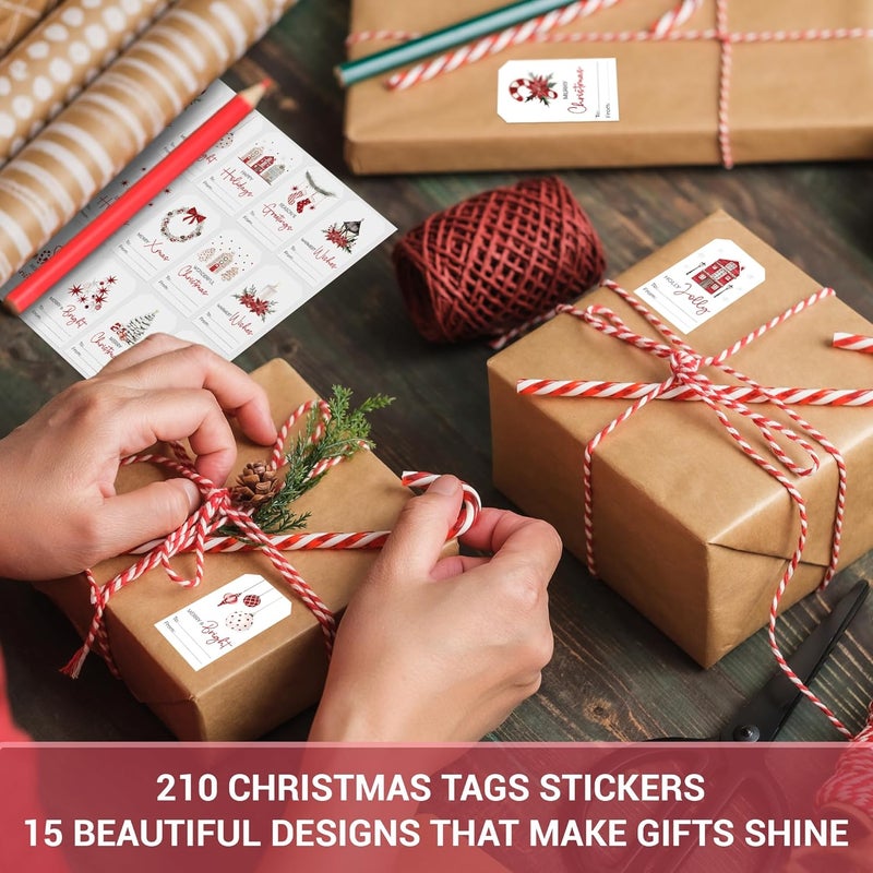 AUDREE 210 Pcs Christmas Gift Tag Stickers - Self-Adhesive Red & White Holiday Labels - 15 Watercolor Designs Christmas Name Tags Label Stickers for Xmas Gifts Wrap Presents Box Envelope Decor - Image 4